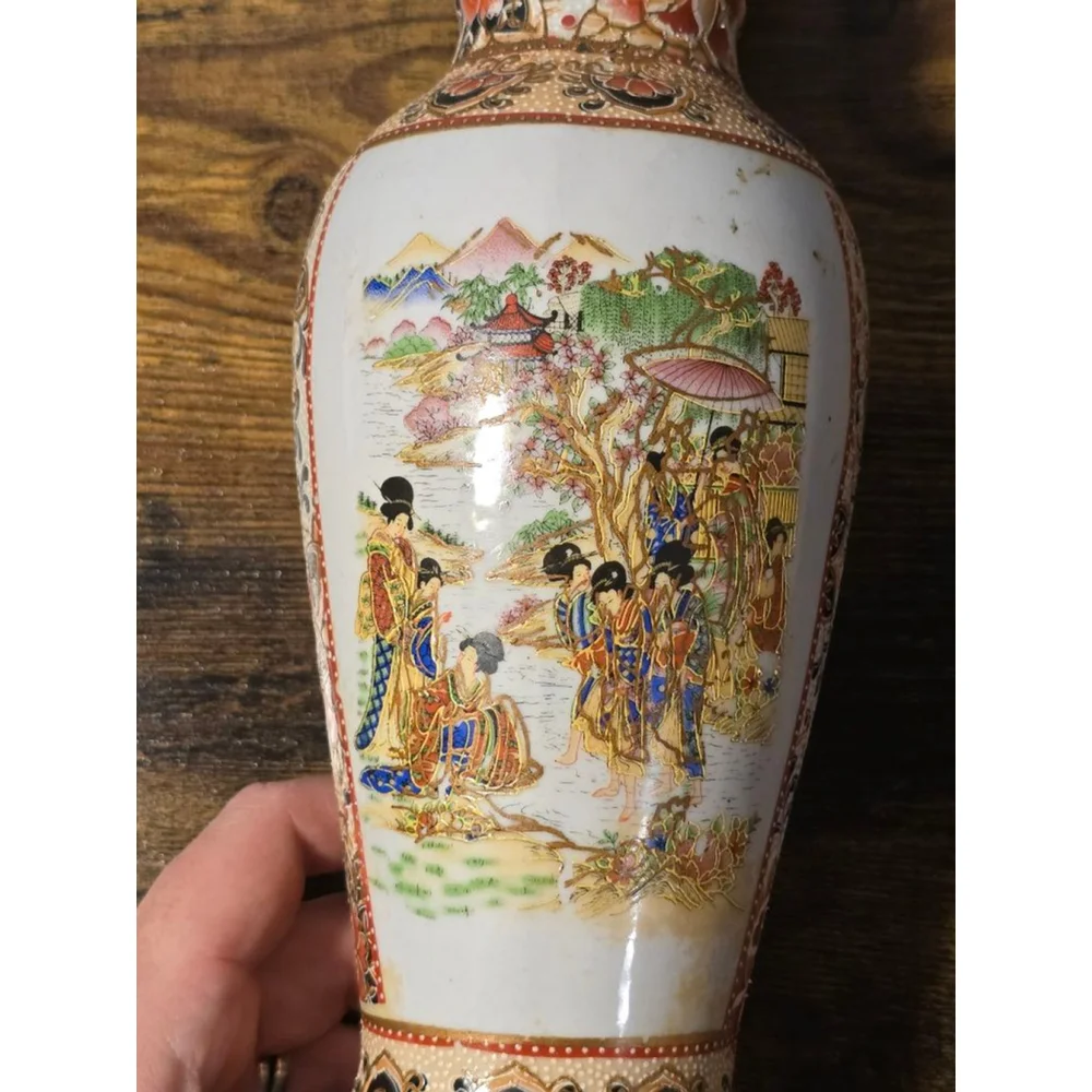 Set of 2 Vintage‎ Japanese Style Vases Tan/Red 10 inch